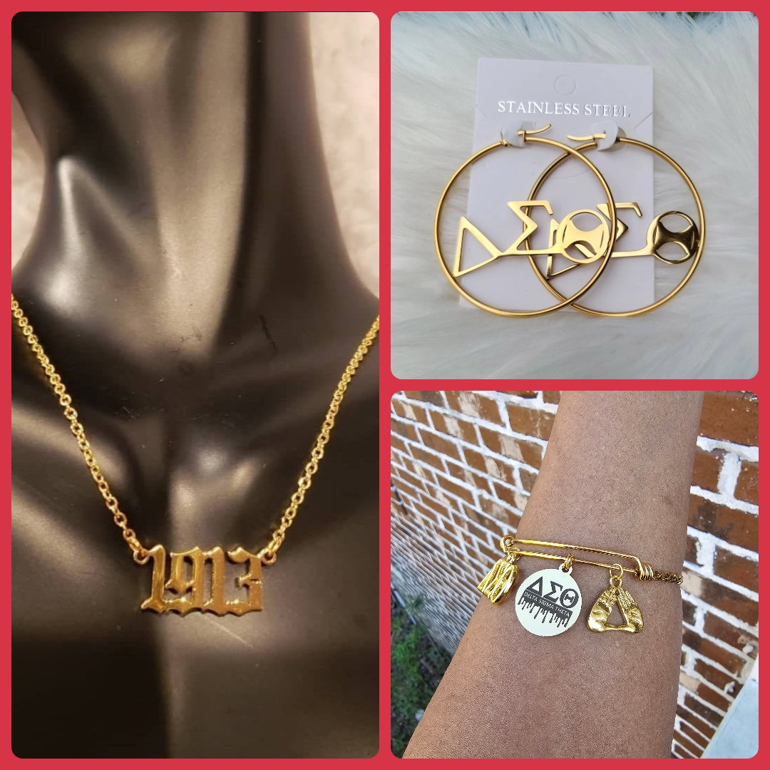 Gold Delta Sigma Theta Necklace/Earring/Bracelet Bundle