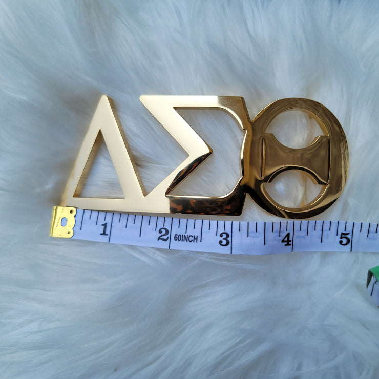 Sorority Greek letter belt Made from quality material, the buckle will not tarnish nor fade Material: stainless steel (with belt buckle only, belt not included) height 1.575 inche, width 4.6 inches. The weight of the buckle is approximately 1lb.