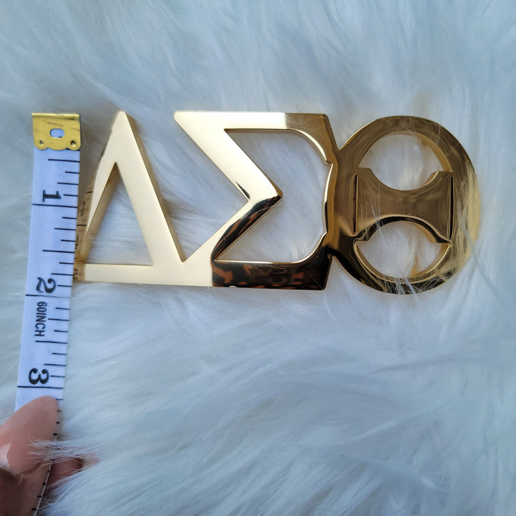 Sorority Greek letter belt Made from quality material, the buckle will not tarnish nor fade Material: stainless steel (with belt buckle only, belt not included) height 1.575 inche, width 4.6 inches. The weight of the buckle is approximately 1lb.