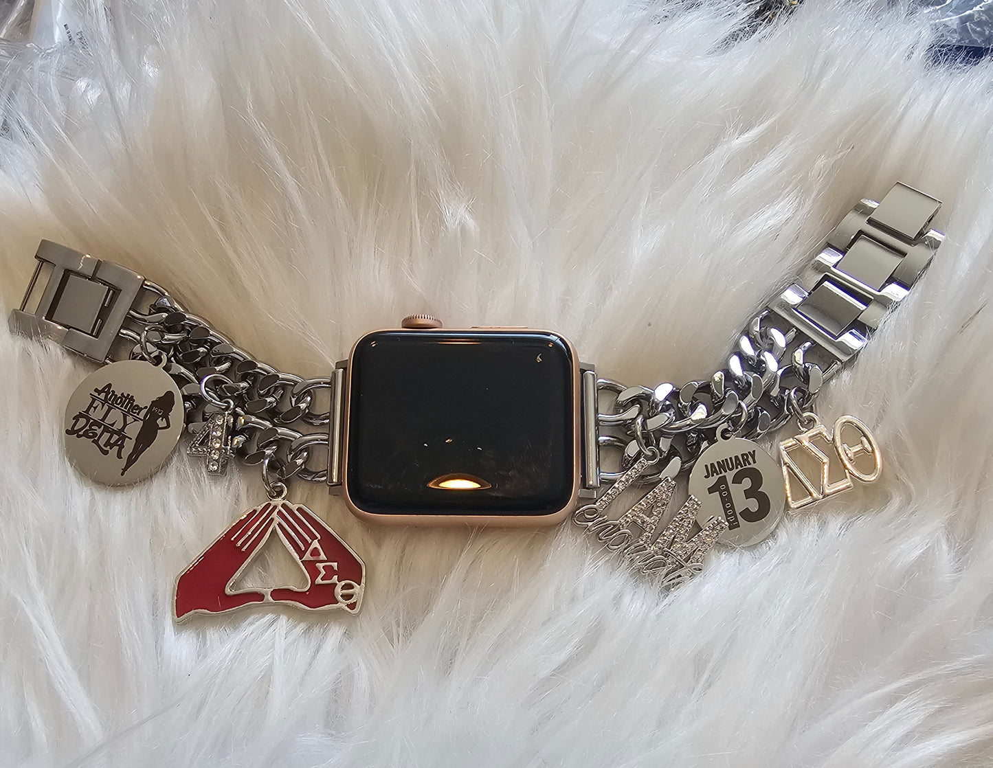 Delta Sigma Theta Custom Fit Sorority Apple Link Watch Band (charms may be changed at customers request)