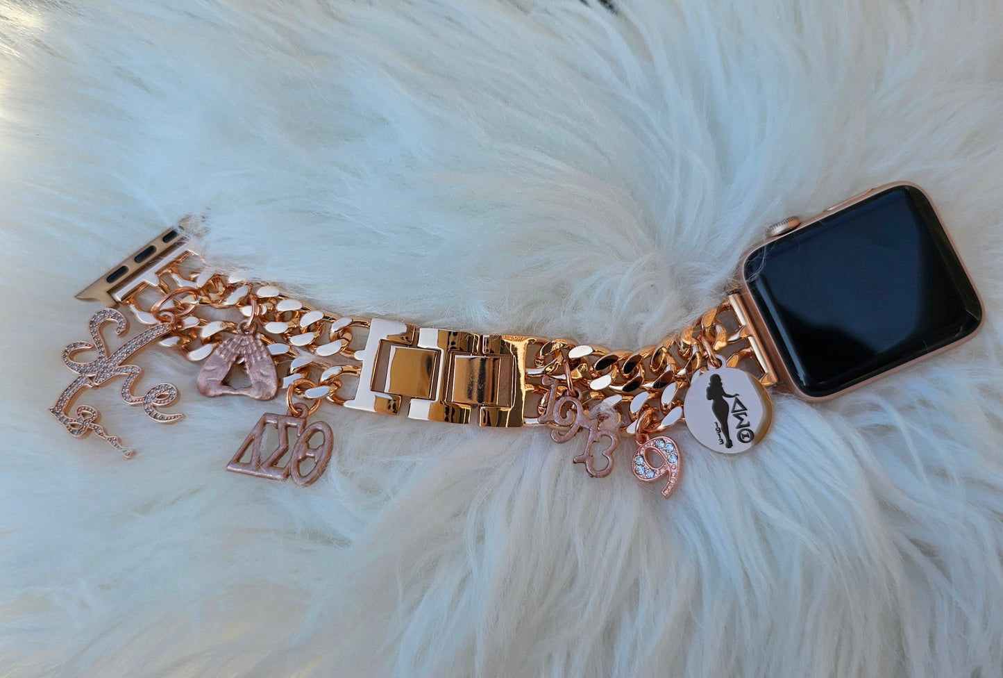 Rose Gold Delta Sigma Theta Apple Link Custom Fit Watch Band (please message with line number if would like added to design)