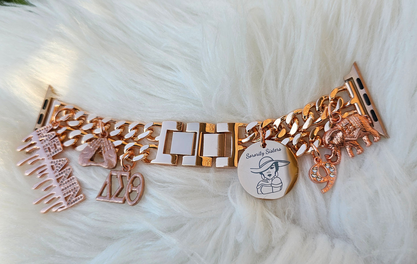 Rose Gold Delta Sigma Theta Apple Link Custom Fit Watch Band (please message with line number if would like added to design)