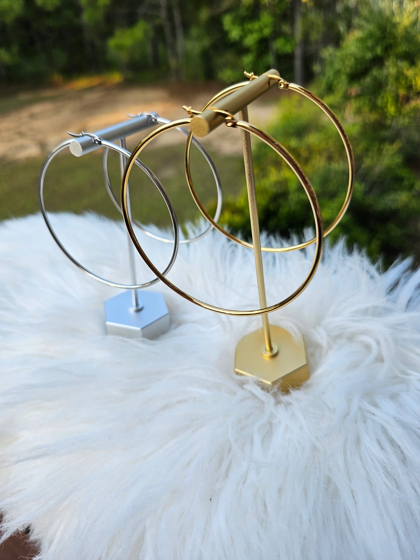 Tarnish resistant 70mm large hoop earrings available in silver and gold2s