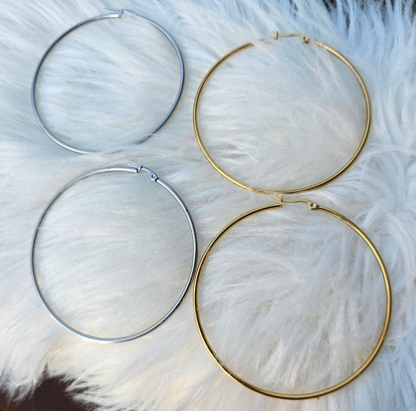 Tarnish resistant 70mm large hoop earrings available in silver and gold2s