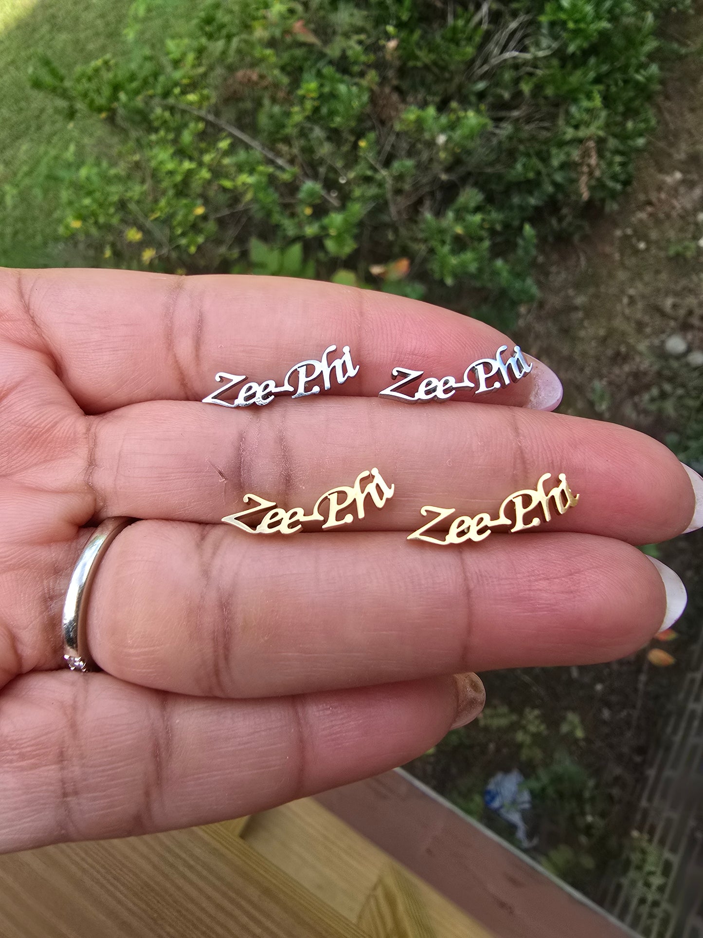 Sorority Zee-Phi earrings available in silver and gold