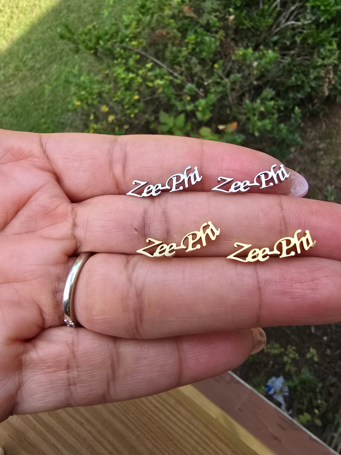 Sorority Zee-Phi earrings available in silver and gold