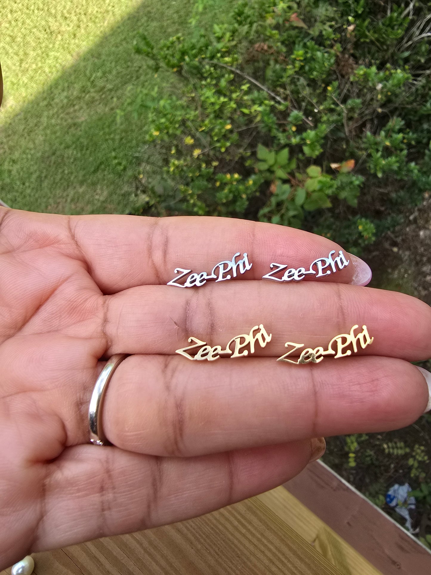 Sorority Zee-Phi earrings available in silver and gold