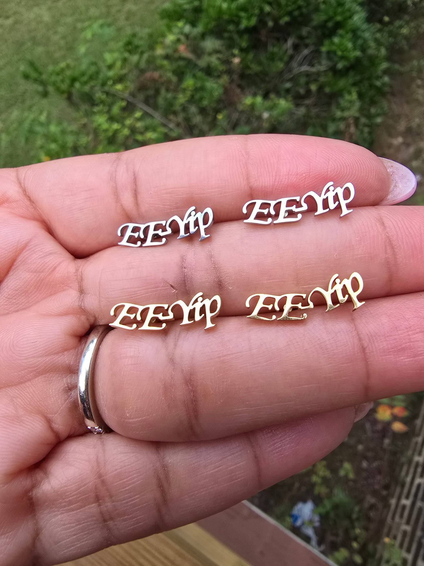 Sorority EE-Yip earrings available in silver and gold