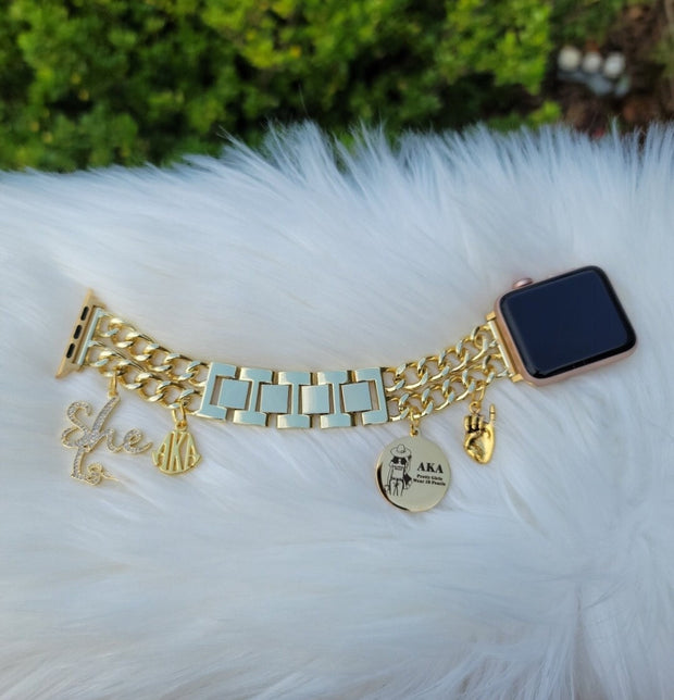 AKA Apple Link Custom Fit Watch Band Available In Silver And Gold (charms may be changed at customers request)