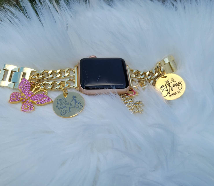 Cancer Awareness Gold Custom Fit Apple Watch Band With Charms (charms may be changed at customers request)