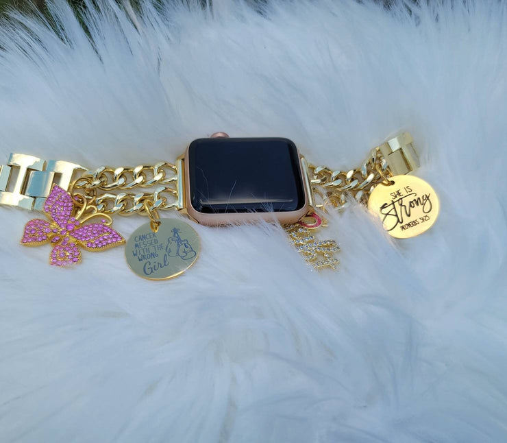 Cancer Awareness Gold Link Custom Fit Apple Watch Band With Charms (charms may be changed at customers request)