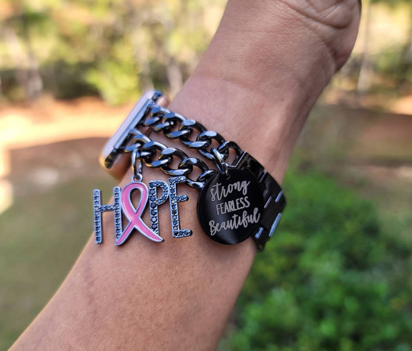 Cancer Awareness Black Chrome Custom Fit Apple Watch Band with Charms (charms may be changed)