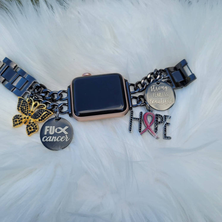 Cancer Awareness Black Chrome Custom Fit Apple Watch Band with Charms (charms may be changed)