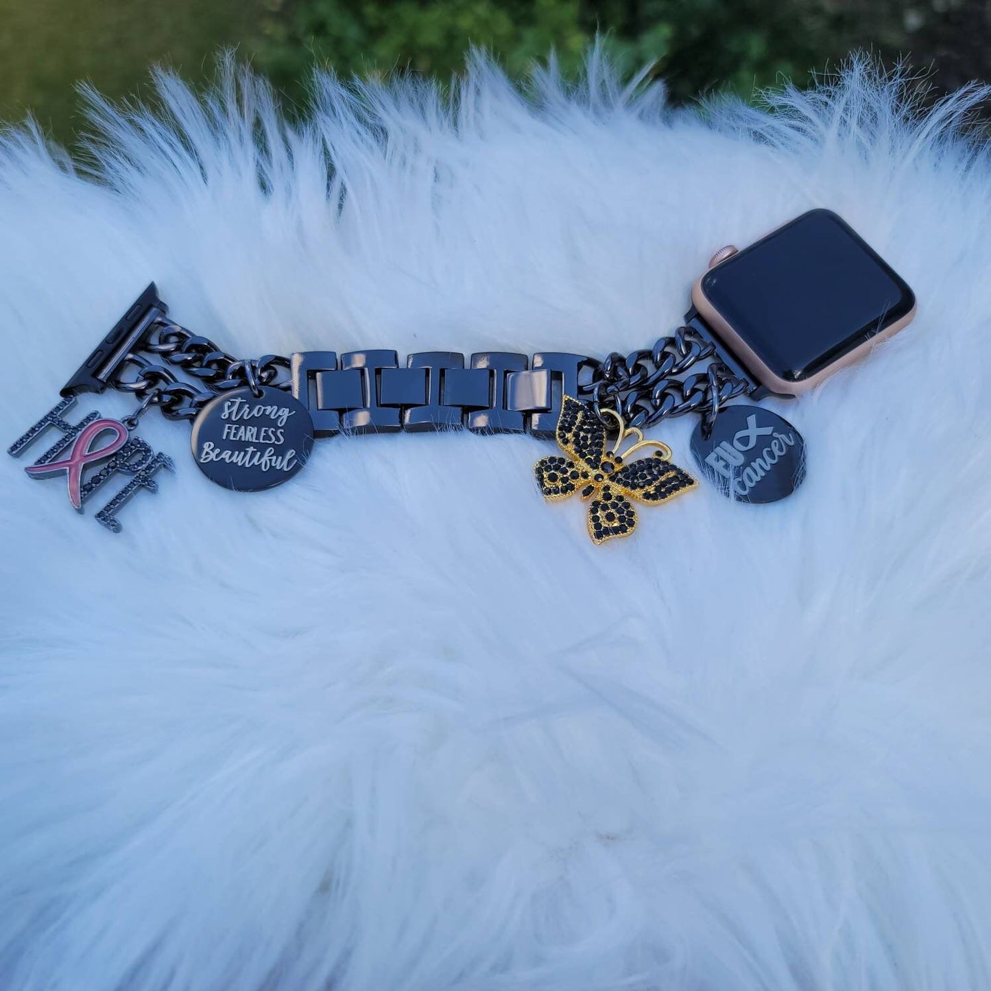 Cancer Awareness Black Chrome Custom Fit Apple Watch Band with Charms (charms may be changed)